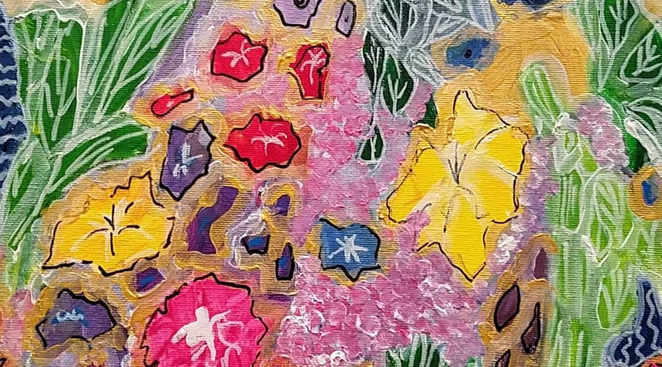 Floral Painting by Connie Kopko Kramer The canvas painting by Connie Kopko Kramer jumps off the screen with yellows, poppy red, green fronds and pink hydrangea for the New Perspectives Show at Summit Artspace on Tusc