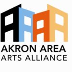 Retired logo of the Akron Area Arts Alliance, four As, side-by-side in black, light blue, orange and buff above the words Akron Area Arts Alliance