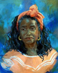 Johanna, acquaintance of the artist, with her beautiful dreadlocks held back by a peach hue scarf that matches her dress, gold bangles; donate to Summit Artspace