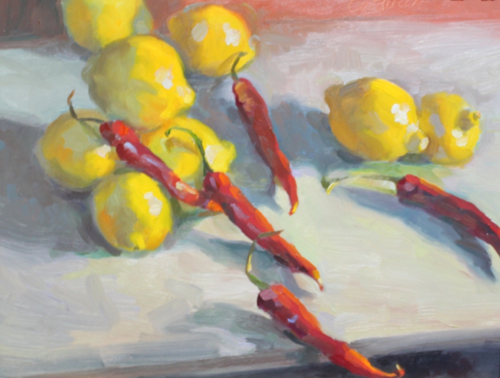 A painting of lemons being taken over by hot red chili peppers