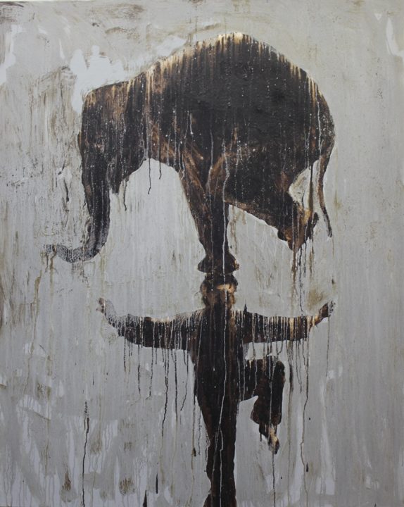 Plan your visit to see this work: Painted with tar on canvas, a photogravure quality pervades with a man balancing an elephant on his head. I know.