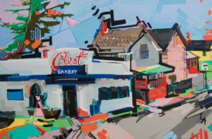 Crest Bakery and surrounding landscape colorfully painted by Lizzi Aronhalt