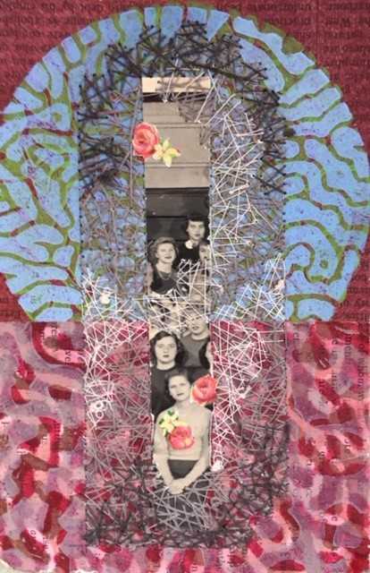 A collage of rose, blue, mauve, gray and black with found object and photos by Shirley Ende-Saxe