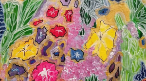 Colorful textured painting of flowers and foliage by Connie Kopko Kramer