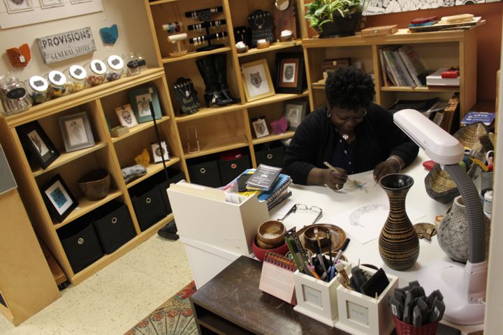 Artist April Couch working in her Totally Tangled Creations Studio