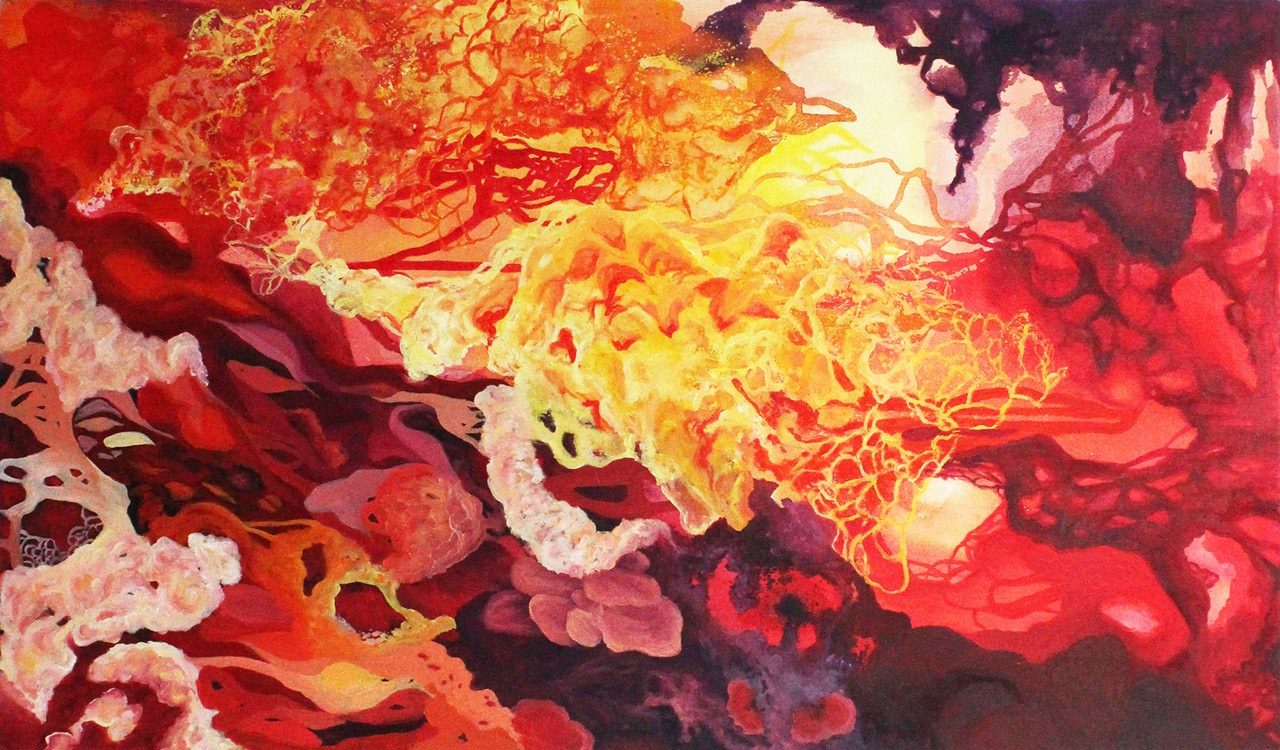 A profusion of reds, purples, black, yellow and orange pulsing capillaries and connecting tissues of color