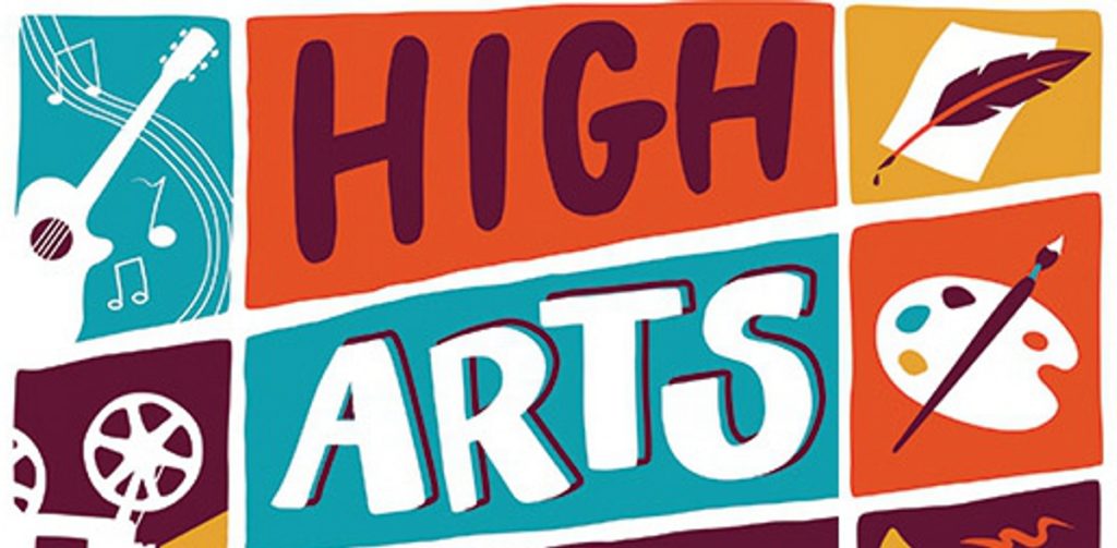 Akron annual High Arts Festival logo with emblems showing music, film, literary arts and visual arts