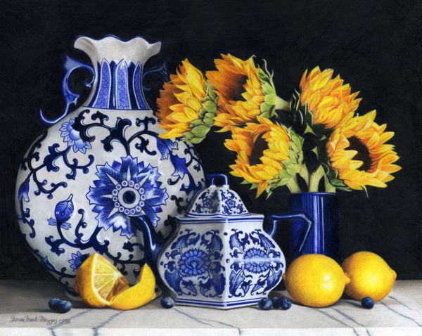 Blue & White Pottery with Sunflowers by Sharon Frank Mazgaj, First Place