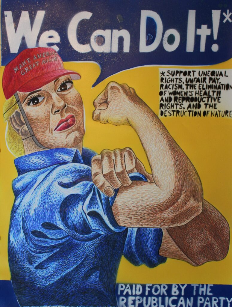 Trump the Riveter by Scott Kraynak, Honorable Mention, color pencil and spray paint