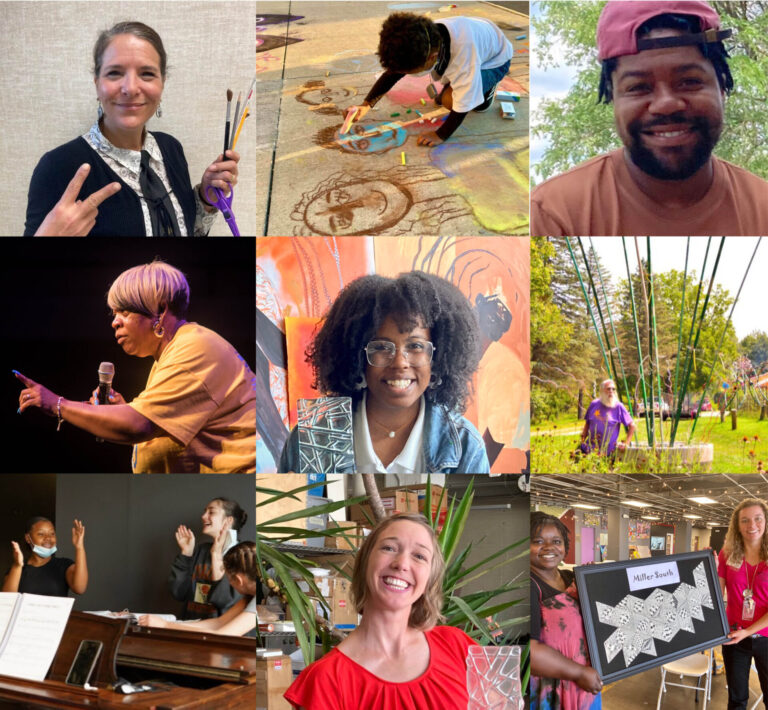 A three by three grid with nine photos representing various artists creating inside and outside of their studios at Summit Artspace.