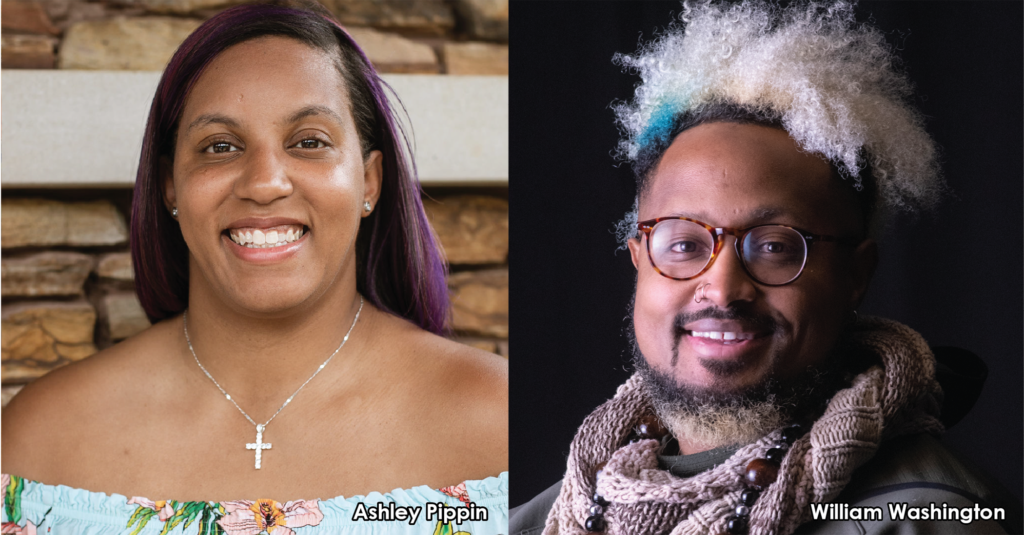 A split image shows two smiling individuals. Left: A woman with long hair and an off-shoulder floral top in front of a stone wall. Right: A man with curly hair, wearing glasses and a scarf, on a dark background.
