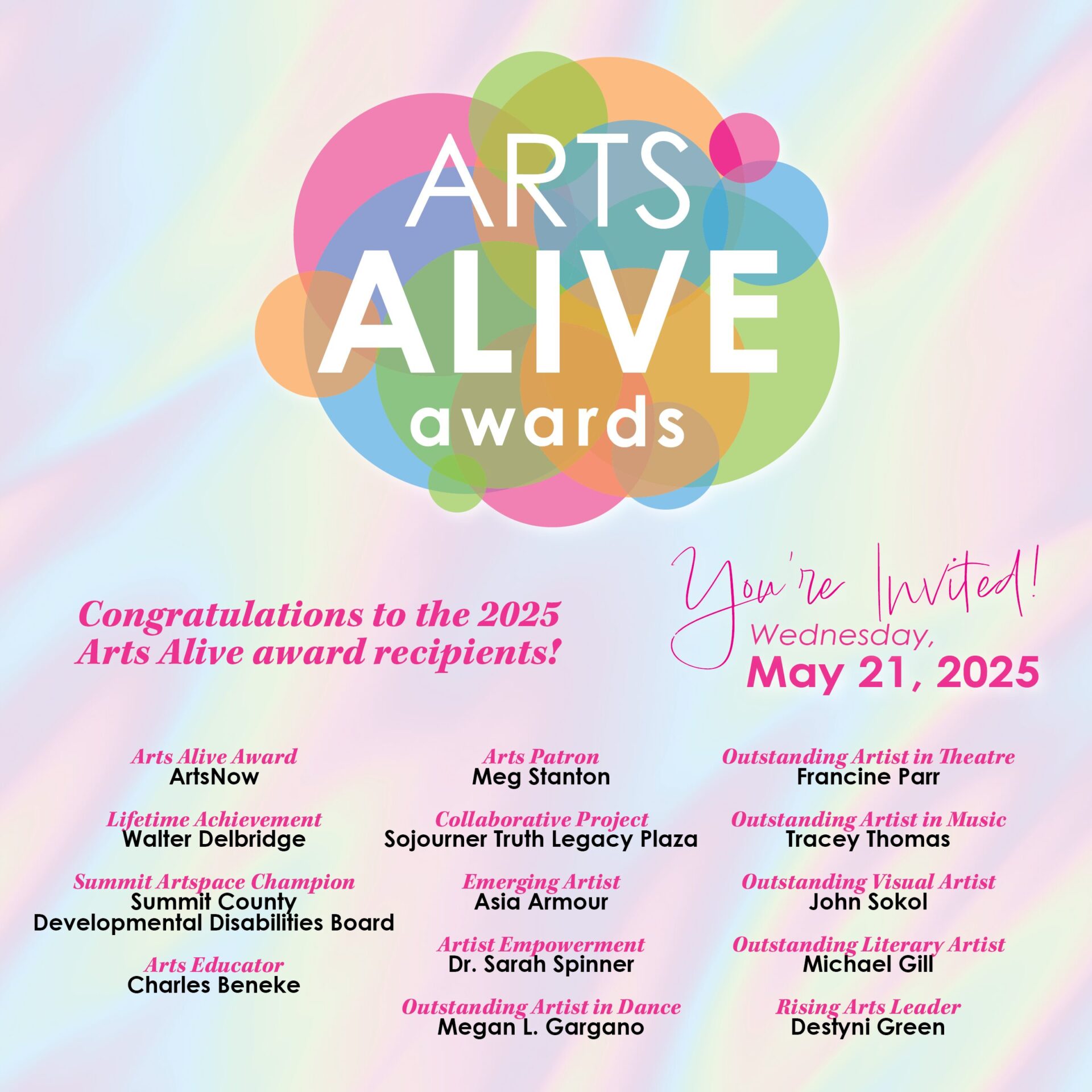 Poster announcement for the 2025 Arts Alive Awards winners!