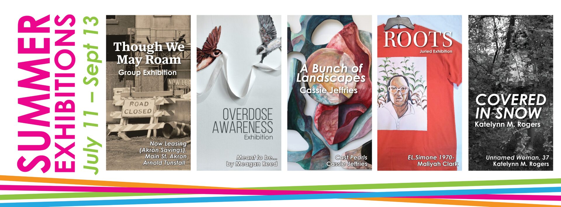 Summer Exhibitions banner with 5 cropped images of various types of artwork and text.