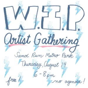 Poster for the Work in Progress artist gathering. White background, blue thunderbolts.
