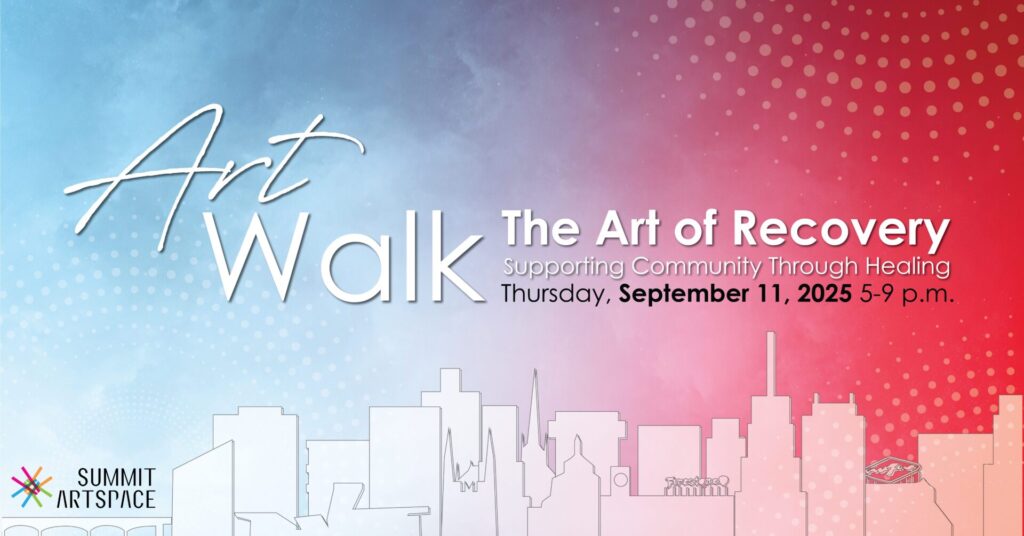 Red white and blue smoke behind text promoting the ArtWalk. Information is repeated in the text below the graphic.