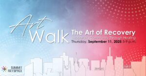 Red white and blue smoke behind text promoting the ArtWalk. Information is repeated in the text below the graphic.