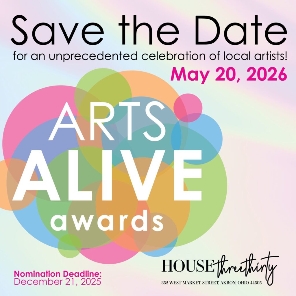 Save the Date colorful graphic for the Arts Alive Awards. May 20, 2025 at House Three Thirty.