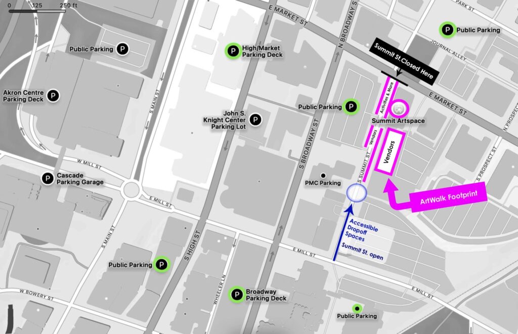 Black and white map showing street names, parking locations, and marked directions to Summit Artspace; arrows indicate open accessible entrance and public parking areas nearby.