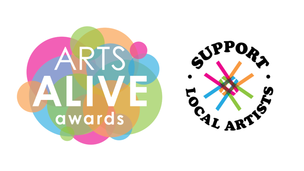 Colorful Art Alive Logo next to the summit artspace logo with text that reads, 'support local artists'.