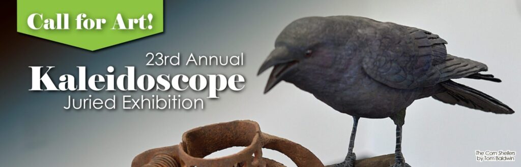 Banner for Kaleidoscope Call for Art. A black bird sits on top of a brown object.