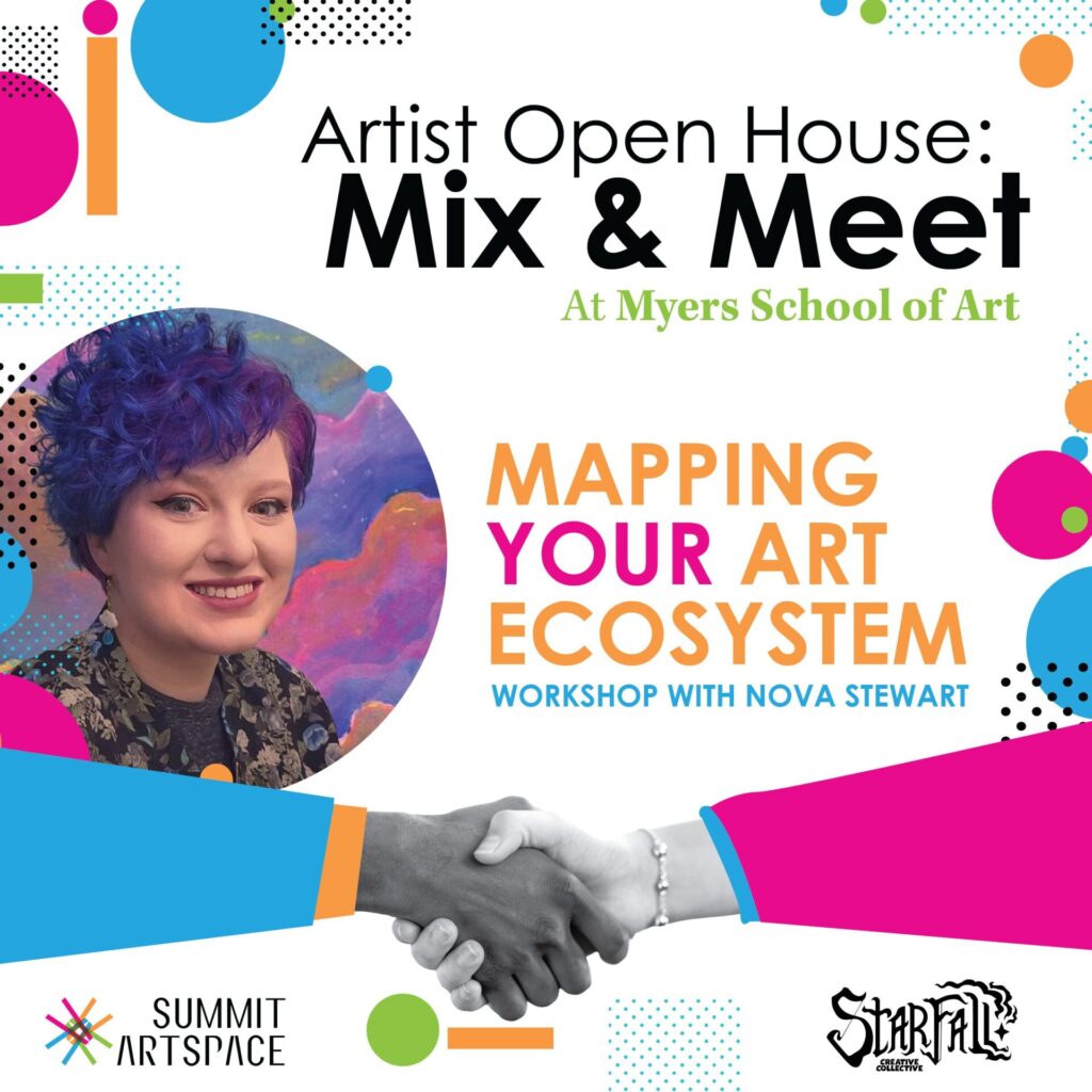 Colorful poster for the mix and meet featuring the Mapping Your Arts Ecosystem workshop with Nova Stewart