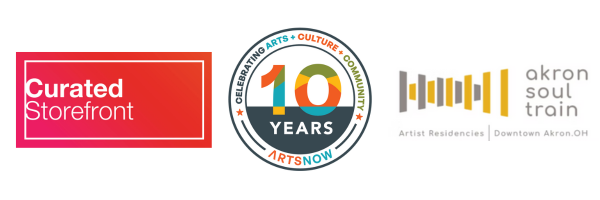 Red and white curated storefront logo, artsnow 10 year logo, akron soul train yellow and gray logo.