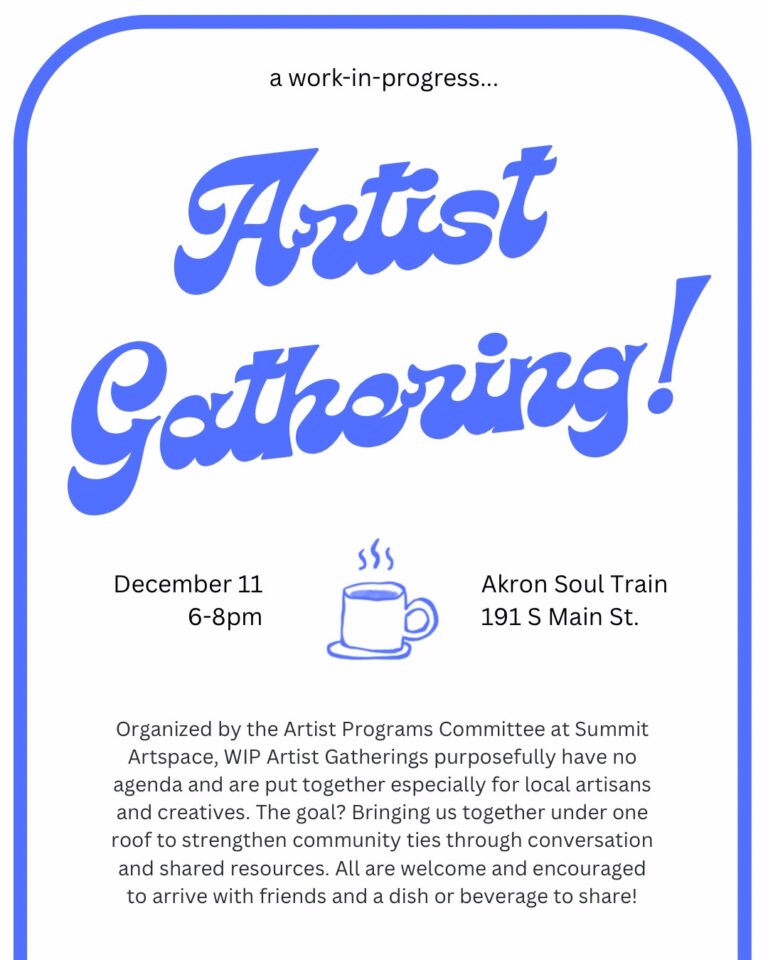 White and blue Artist Gathering informational flyer.