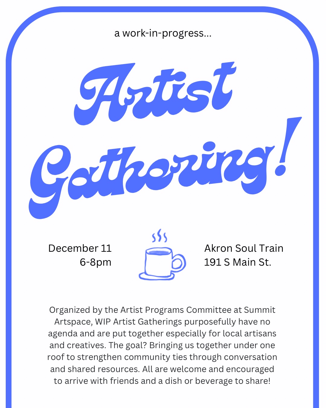 White and blue Artist Gathering informational flyer.