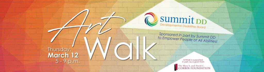 ArtWlak logo and date and time on colorful brick background. Thursday, Marh 12 , 2026 5-9pm. Sponsored by SummitDD and the Corbin Foundation.