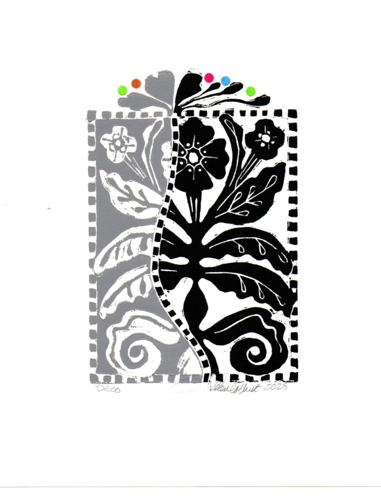 Black and white graphic floral print with five dots of color at the very top.