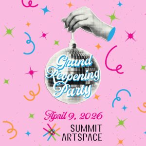 graphic for Grand Reopening Party. Gray scaled hand holding black and white disco ball