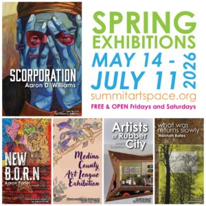 Alt text: "Spring Exhibitions banner for Summit Artspace from May 14 to July 11, 2026. Features colorful art pieces from five artists and exhibition details."