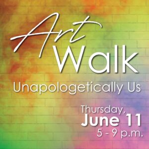 ArtWalk graphic, colorful rainbow brick background with white text