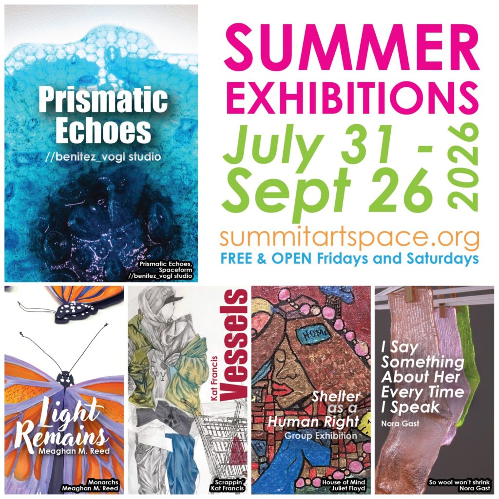 Promotional poster for summer exhibitions at Summit Art Space, featuring five art pieces with colorful designs and text detailing the exhibition dates and accessibility.
